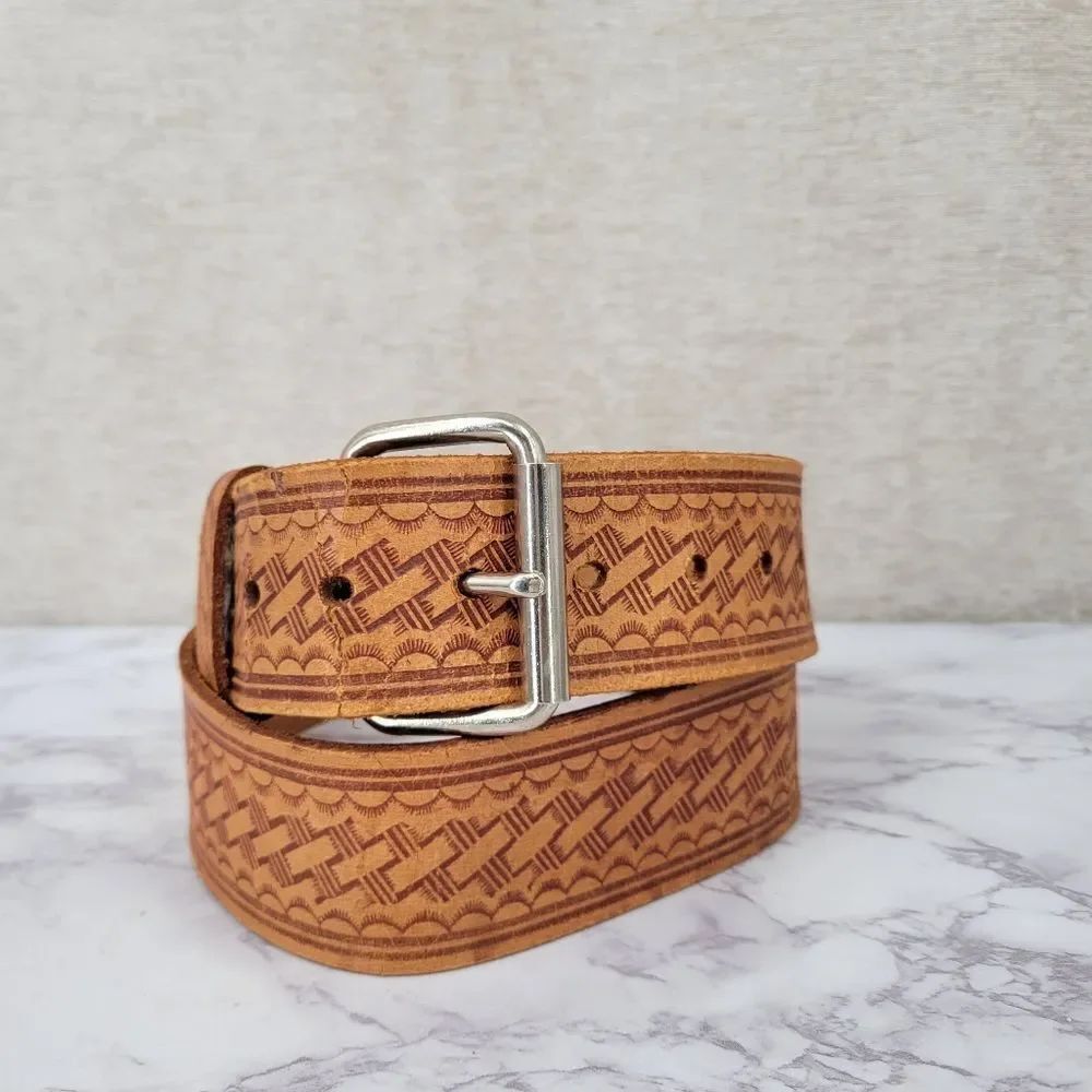 Vintage Tan Leather Tribal Western Wide Belt Native American Inspired